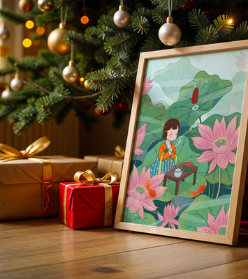 Serene illustration of a girl enjoying tea among lotus flowers