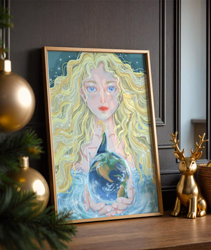 Fantasy artwork of woman holding earth with shimmering details