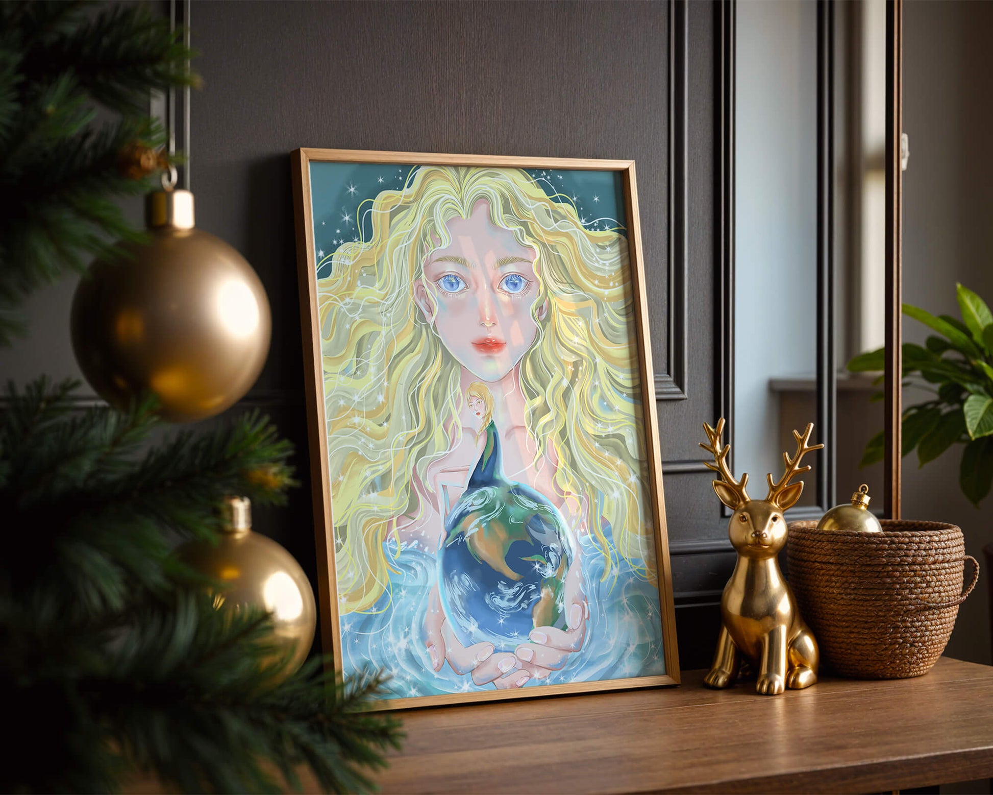 Fantasy artwork of woman holding earth with shimmering details