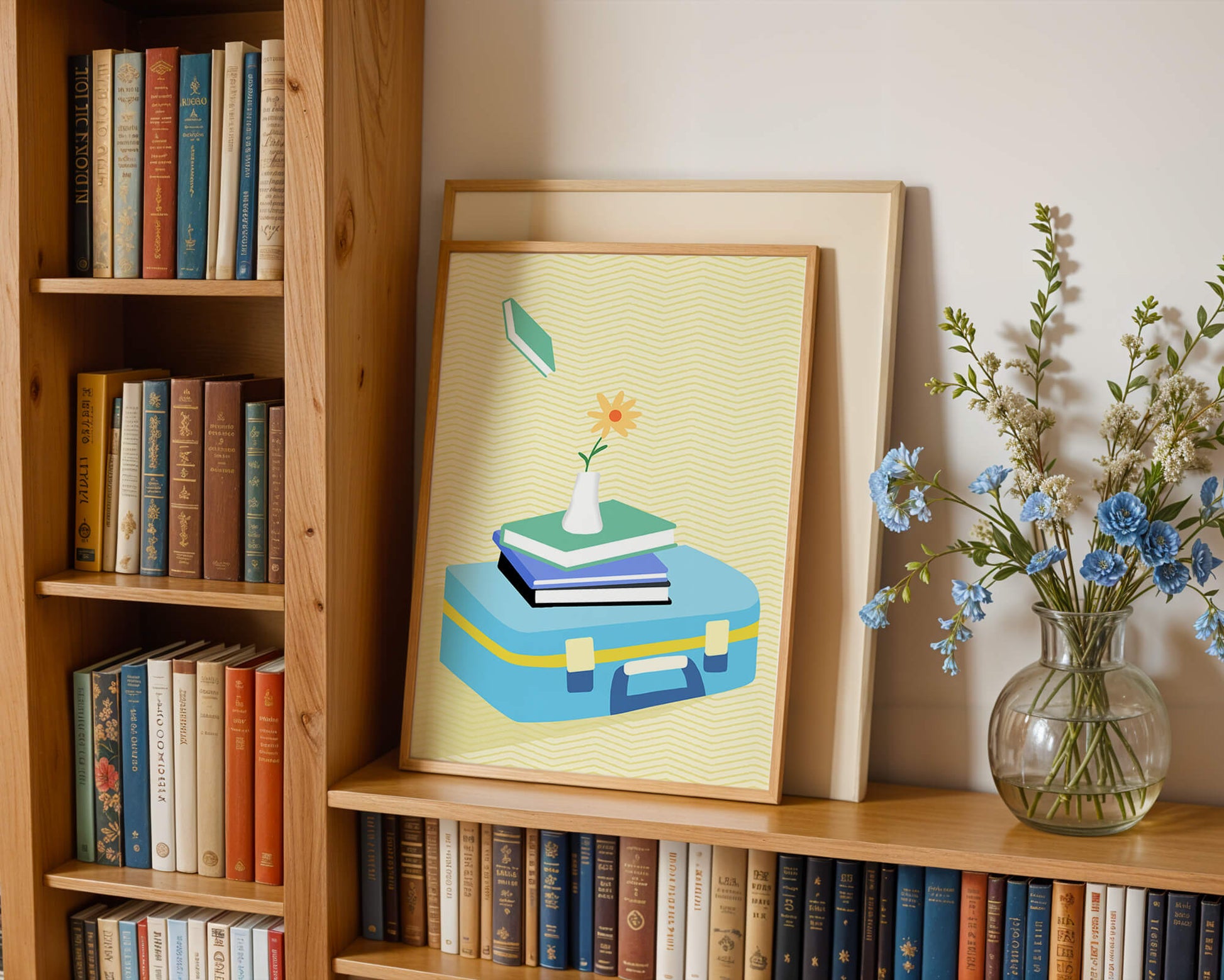 Colorful still life with books, flower vase, and suitcase
