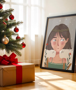 Illustrated girl with a braided crown, floral accents, and expressive features