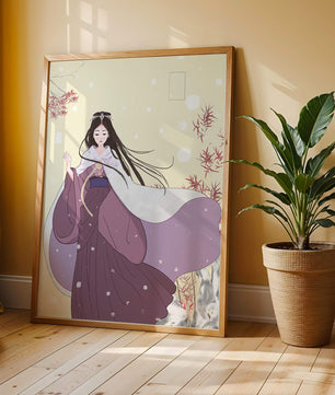 Elegant Woman in Traditional Garment with Snowflakes and Branches