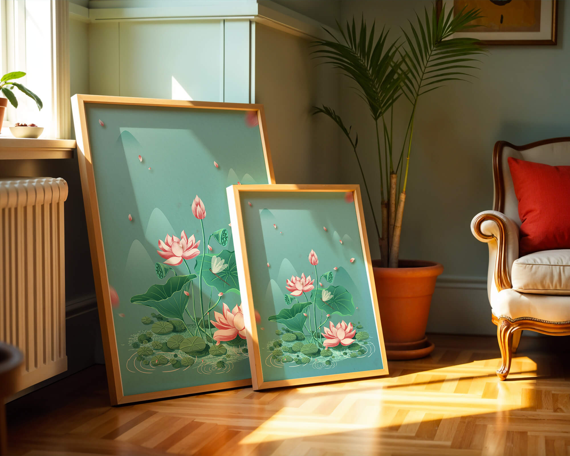Serene illustration of lotus flowers in a tranquil pond setting with mountains