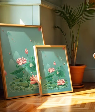 Illustration sereine de fleurs de lotus dans un étang paisible avec des montagnes