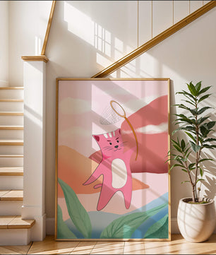Pink Cat Holding Net in Whimsical Landscape