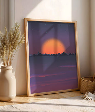 Sunset Over Mountains with Starry Sky