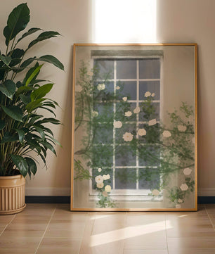 Floral Window with Climbing Roses in a Tranquil Setting