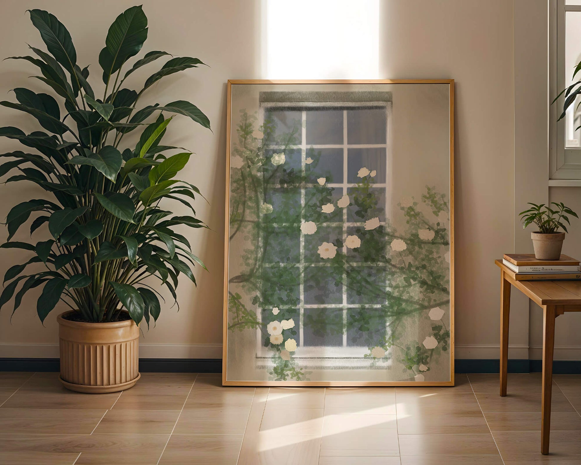 Floral Window with Climbing Roses in a Tranquil Setting