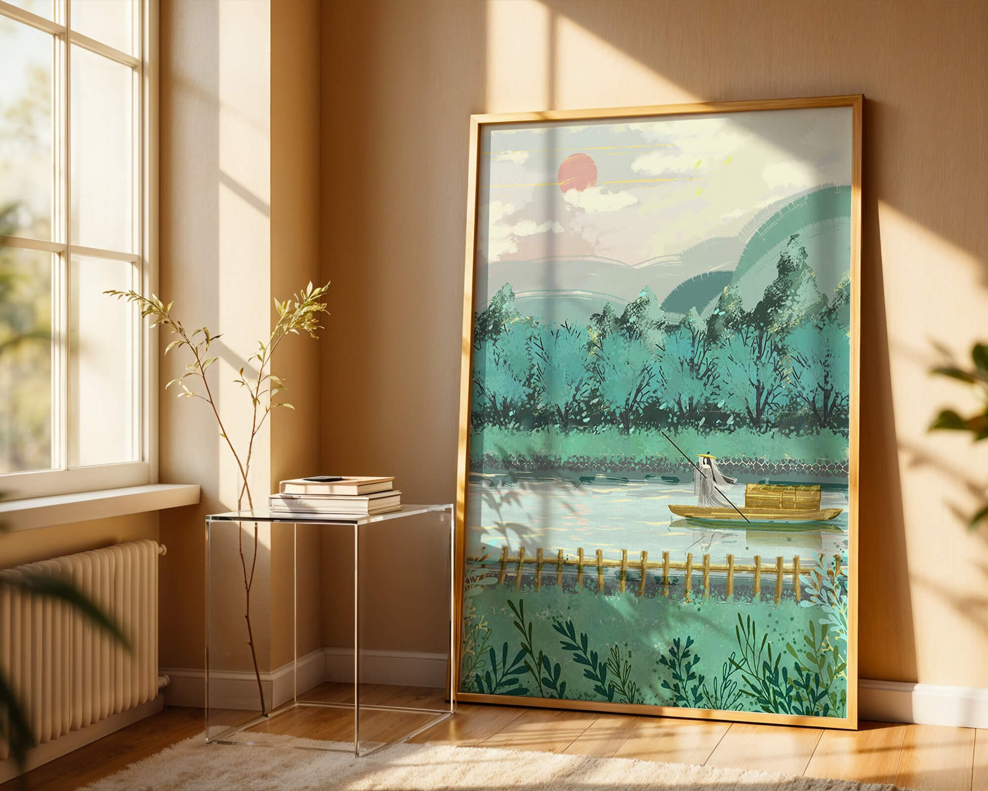 Serene Landscape with Boatman on River at Sunrise