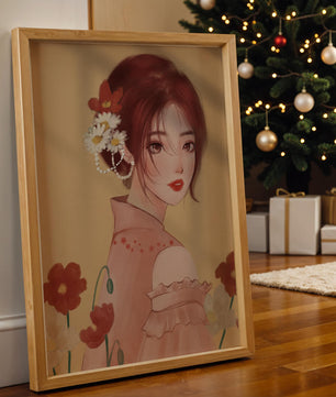 Portrait élégant d'une femme avec des ornements floraux et une expression douce