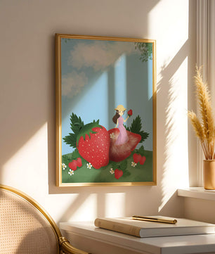 Ilustración encantadora de una niña en un campo de fresas