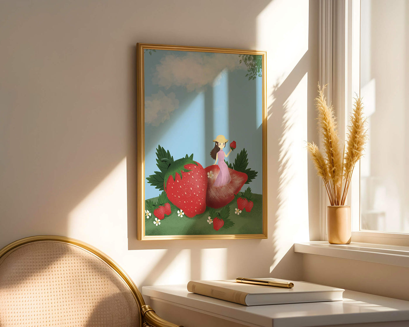 Charming illustration of a girl in a strawberry field