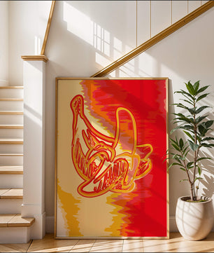 Abstract banana art with vibrant red and orange hues