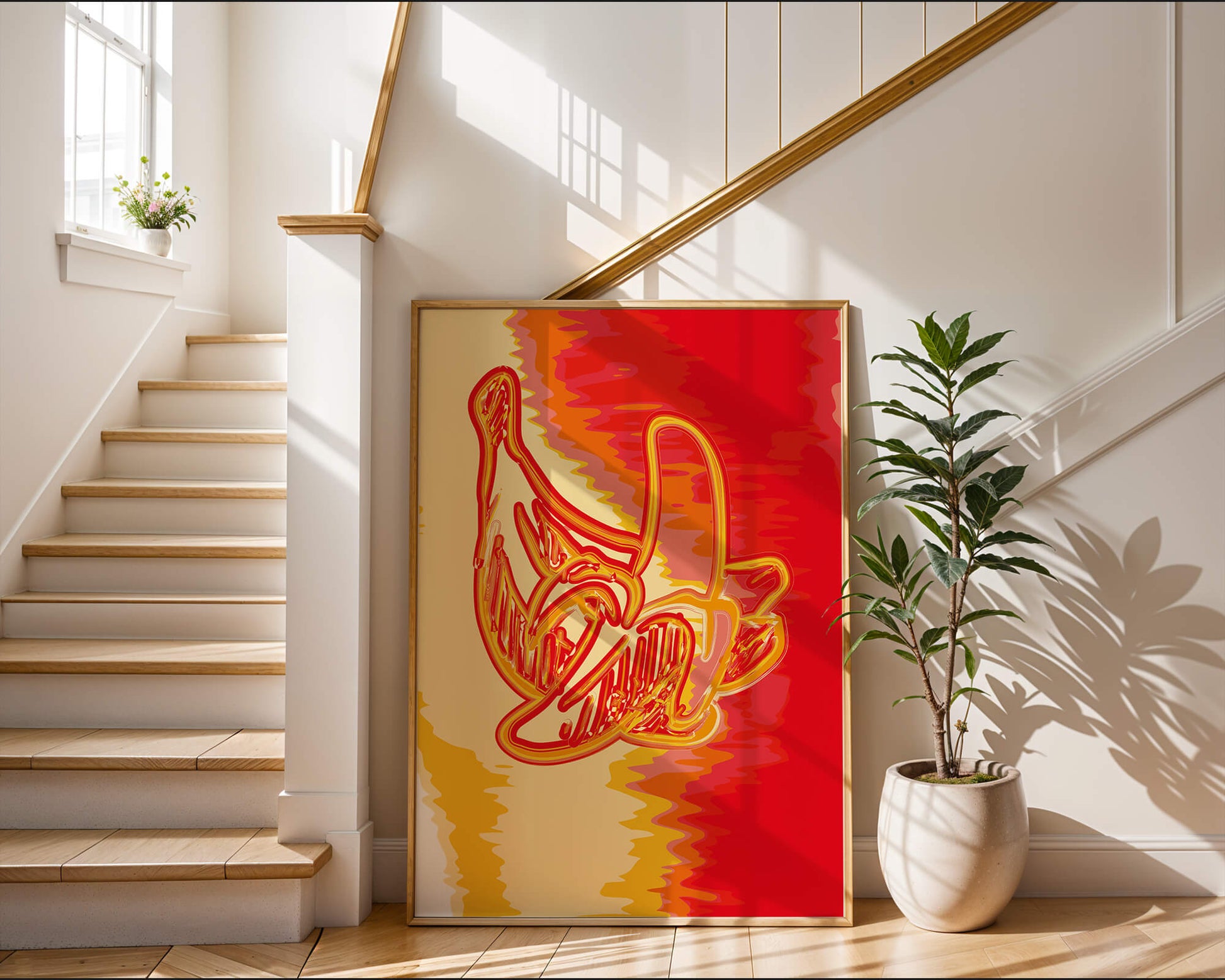 Abstract banana art with vibrant red and orange hues