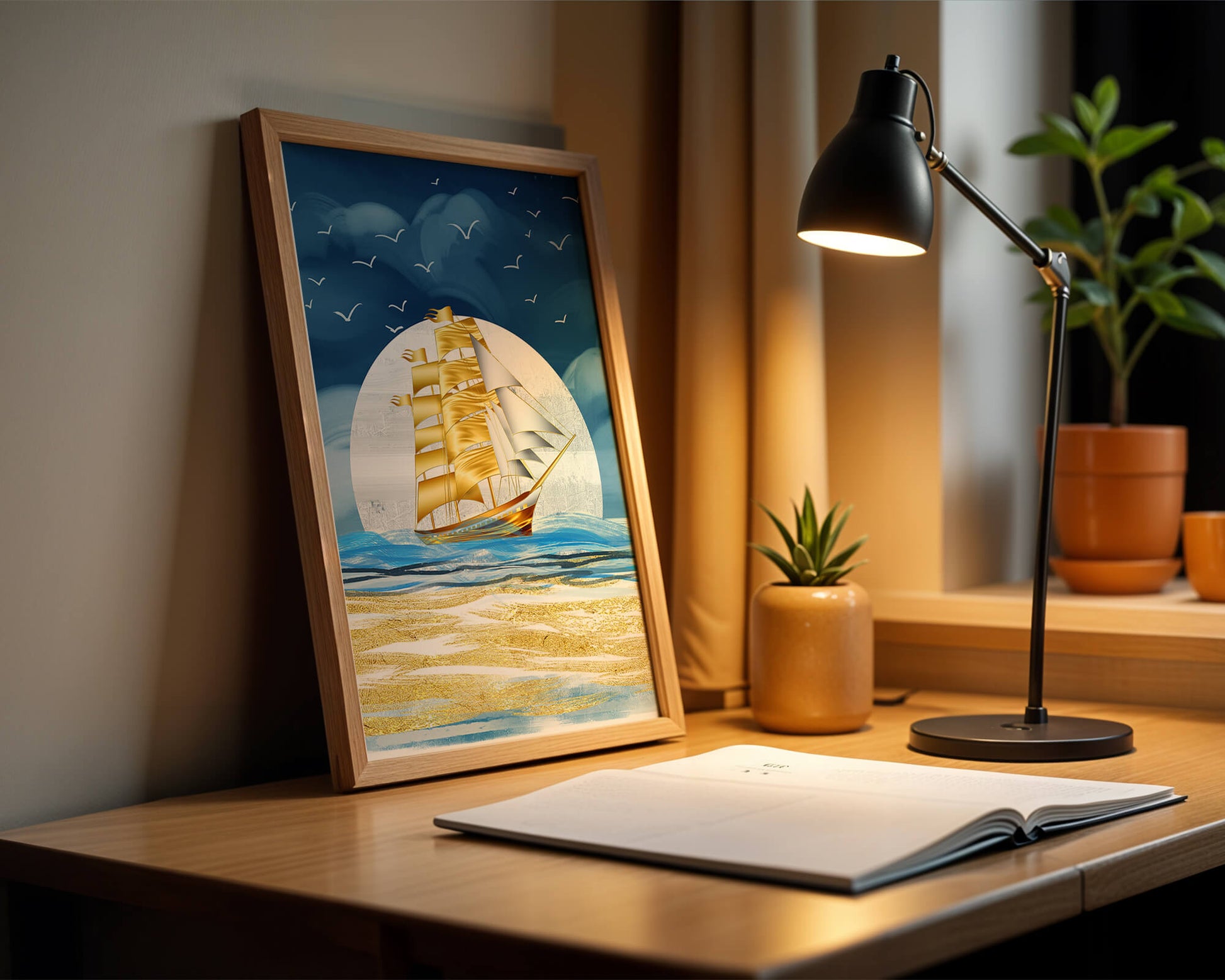 Golden Sailing Ship on the Sea with Seagulls and Blue Horizon