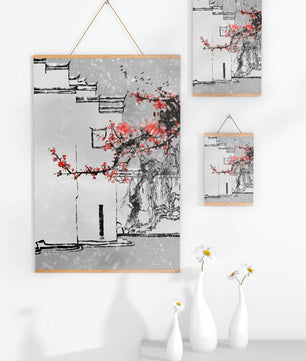 Arquitectura asiática tradicional con flores rojas en un paisaje nevado