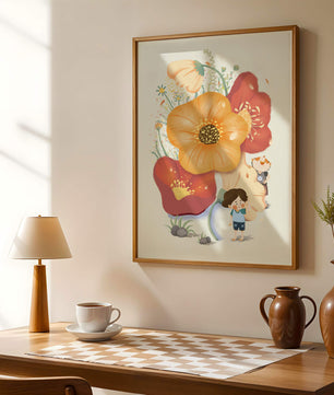 Charming Illustration of Children among Large Flowers with Playful Puppy