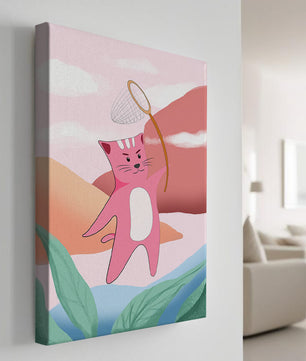 Pink Cat Holding Net in Whimsical Landscape