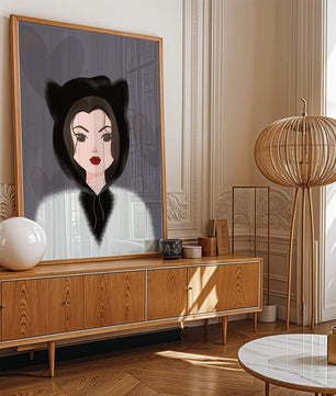 Illustration of a woman in a cat hoodie on a soft gray background
