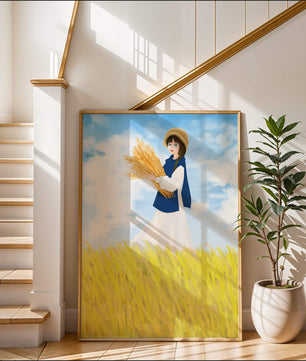 Young girl in a wheat field on a sunny day illustration