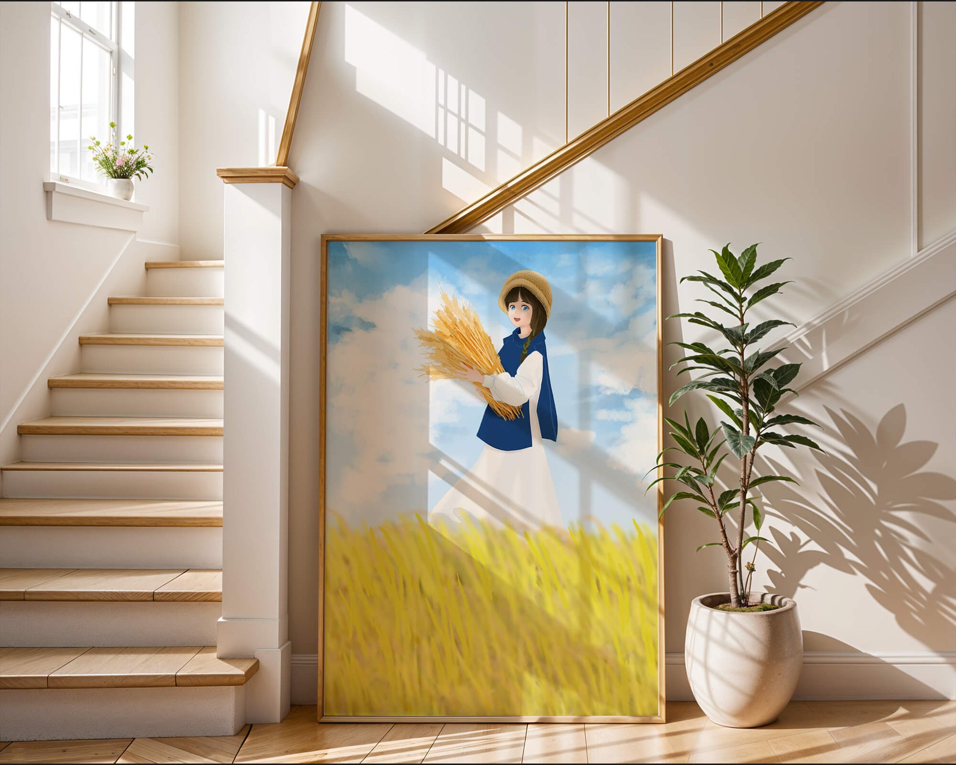Young girl in a wheat field on a sunny day illustration