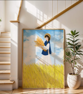 Young girl in a wheat field on a sunny day illustration