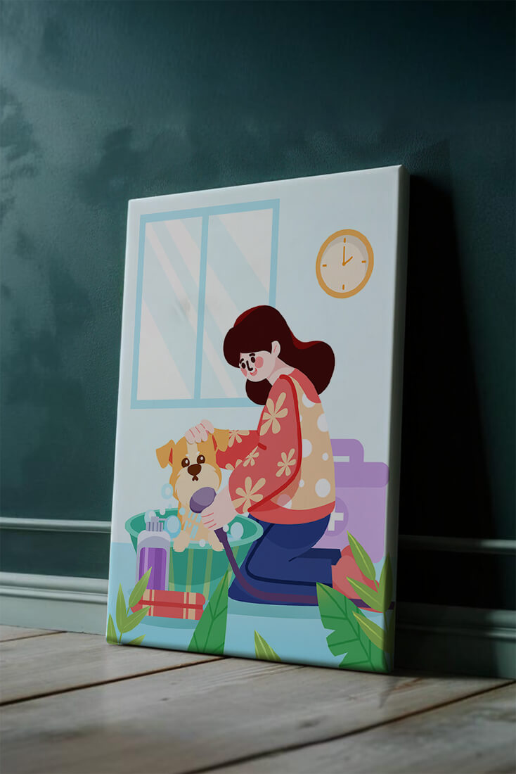 Woman giving a bath to a dog in a colorful bathroom setting