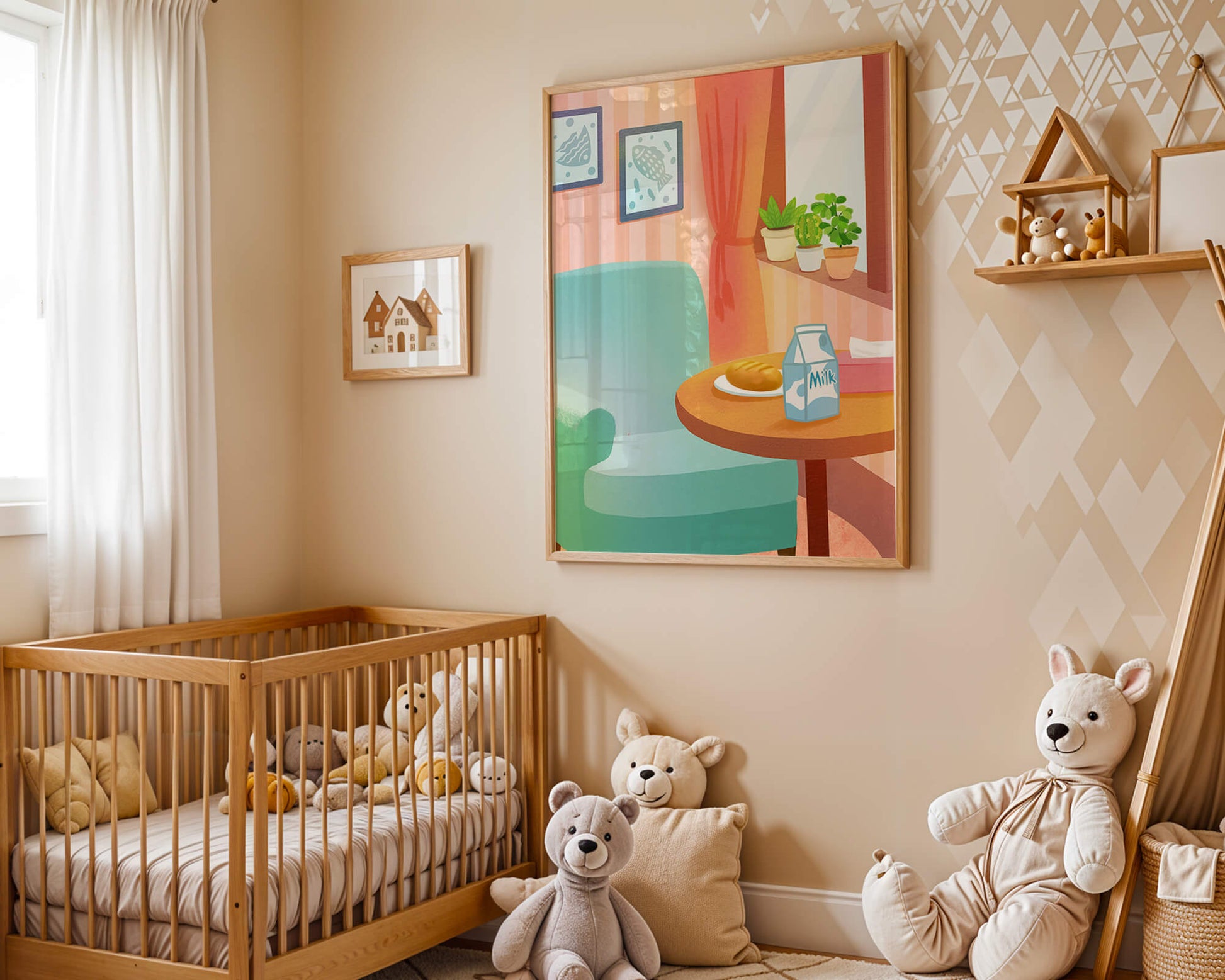 Sala de estar acogedora con mesa y cartón de leche