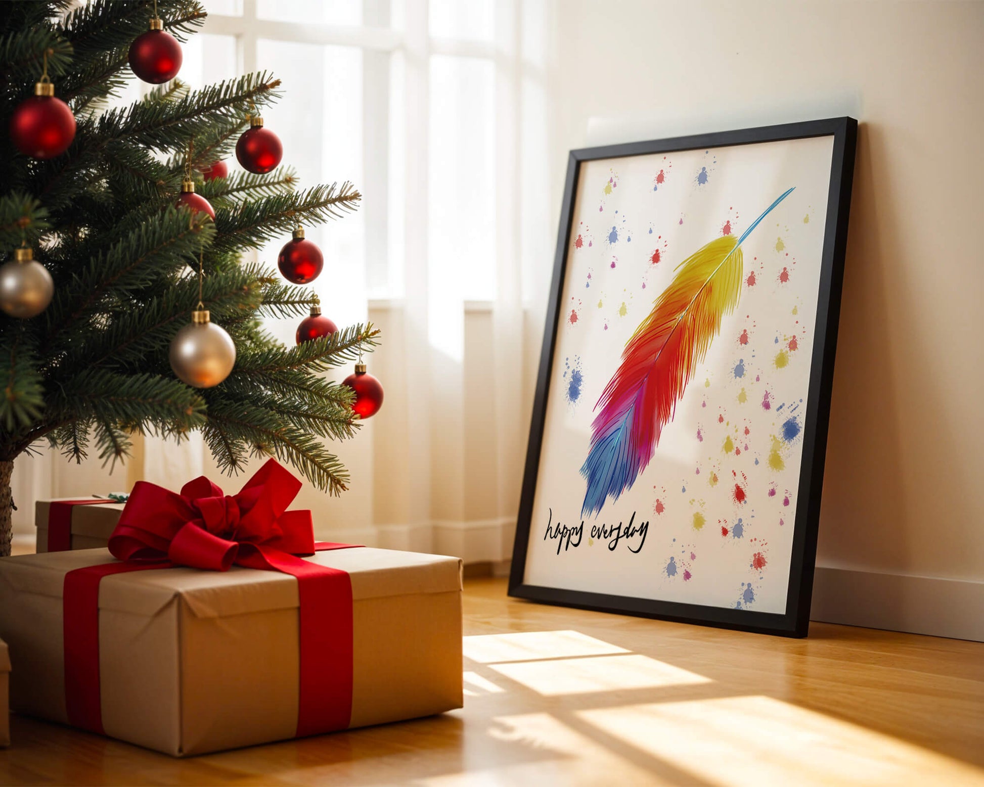 Colorful feather with inspirational message on abstract paint splatter background