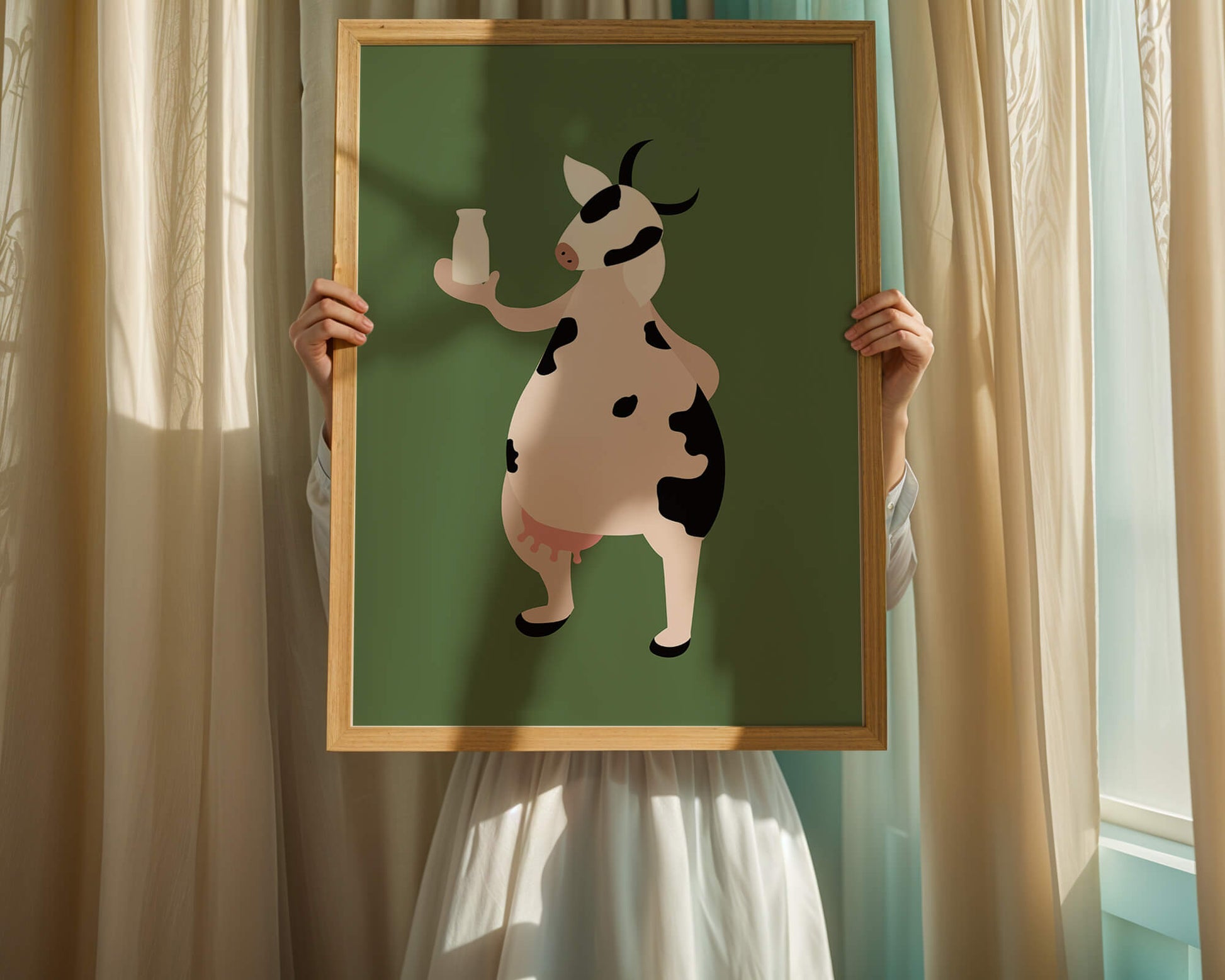 Illustration of anthropomorphic cow holding a milk bottle on green background