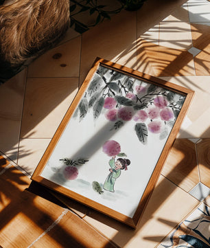 Ilustración encantadora de un niño con ropa tradicional, bayas vibrantes y hojas exuberantes
