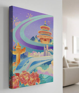 Colorful futuristic landscape with traditional Chinese architecture and high-speed train