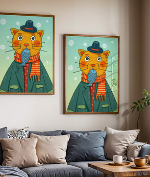 Gato caprichoso vestido con atuendo invernal colorido