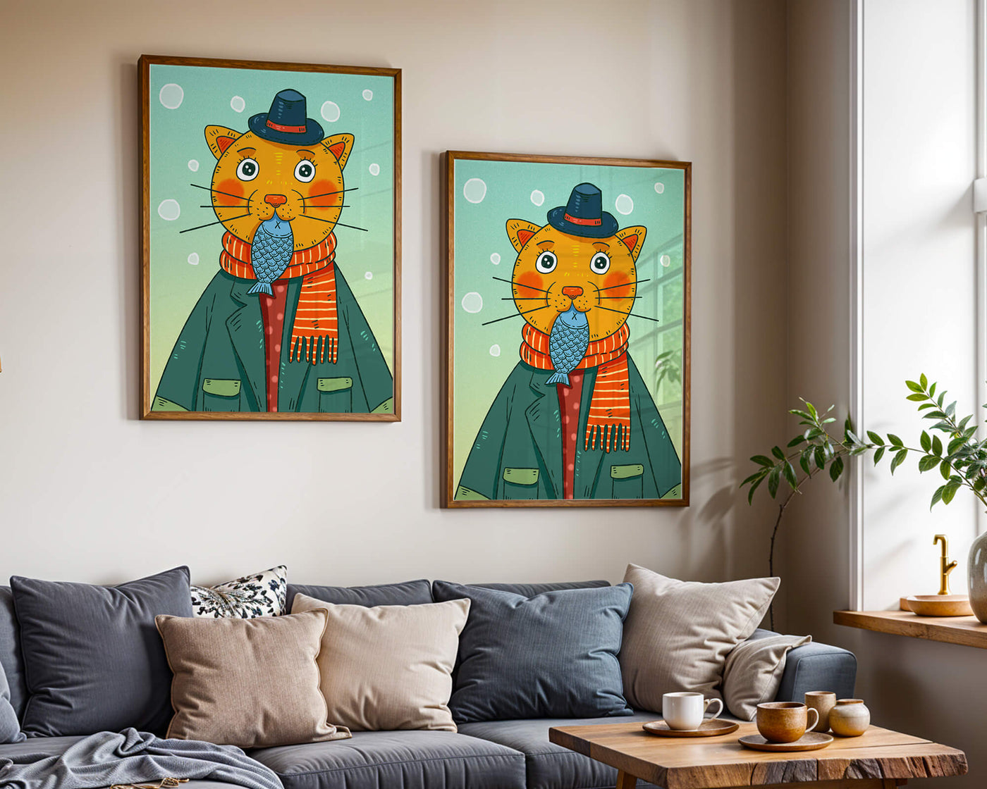 Whimsical cat dressed in colorful winter attire