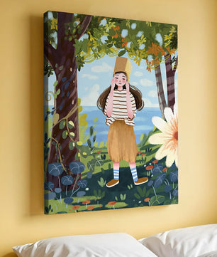 Whimsical Illustration of a Girl in Nature with Golden Hat