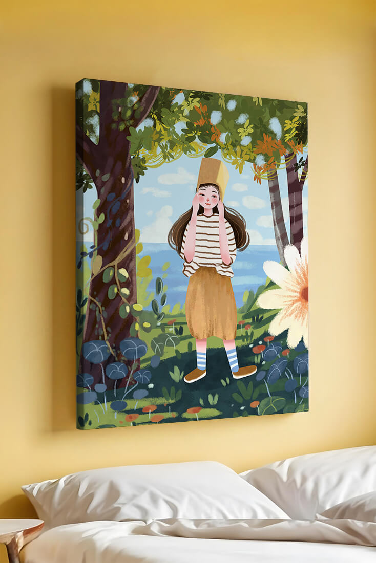 Whimsical Illustration of a Girl in Nature with Golden Hat
