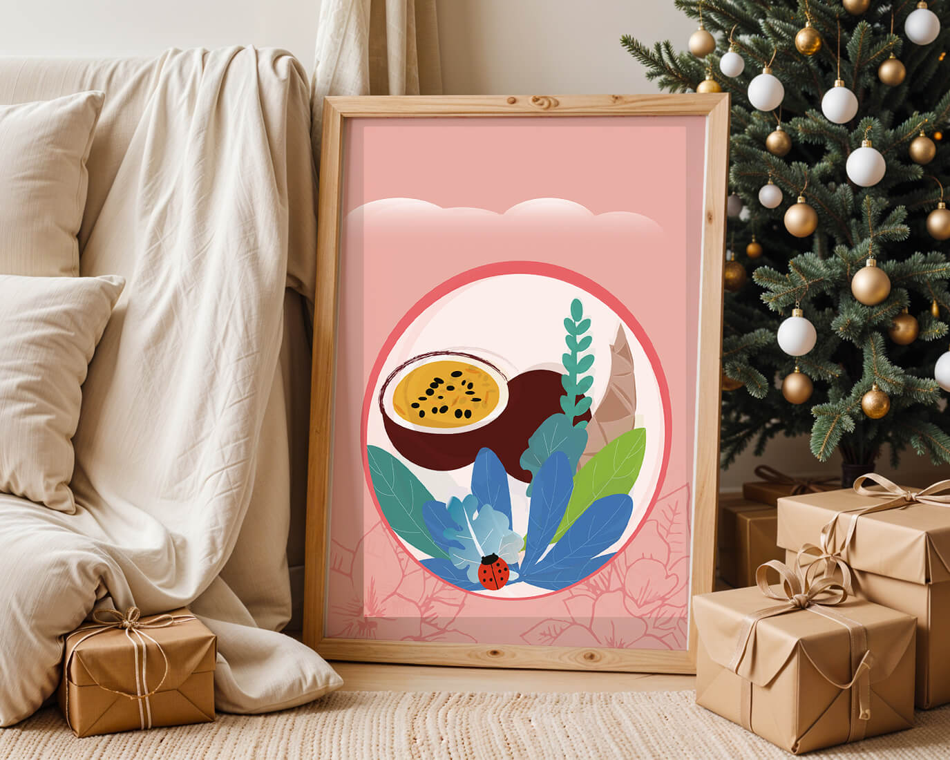 Ilustración de frutas tropicales y hojas con una mariquita sobre un fondo rosa