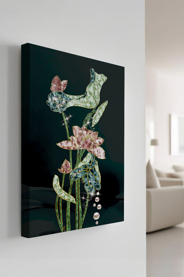 Floral Lotus Design with Gold Accents and Dew Drops