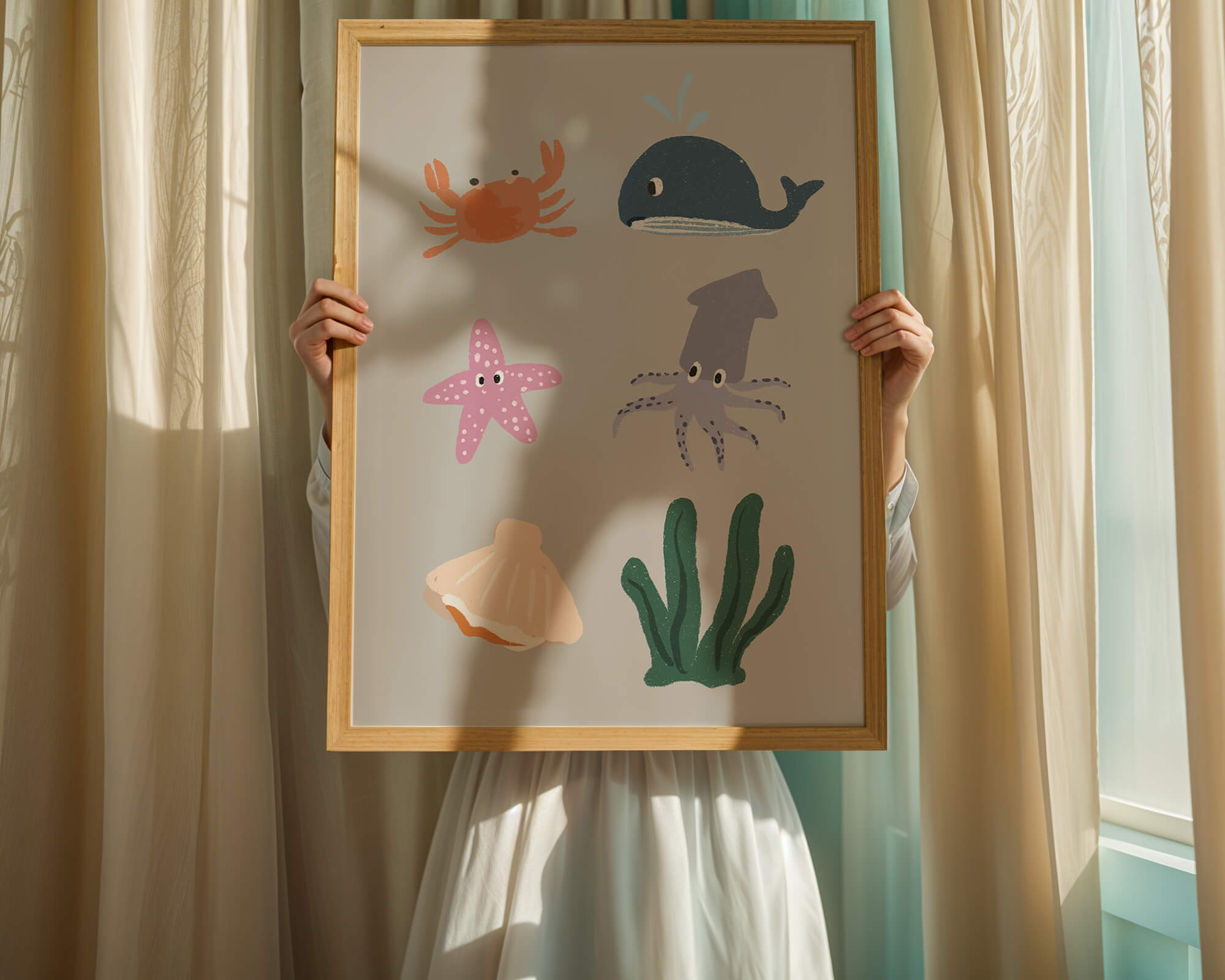 Illustration of whimsical sea creatures and marine elements on a grey background