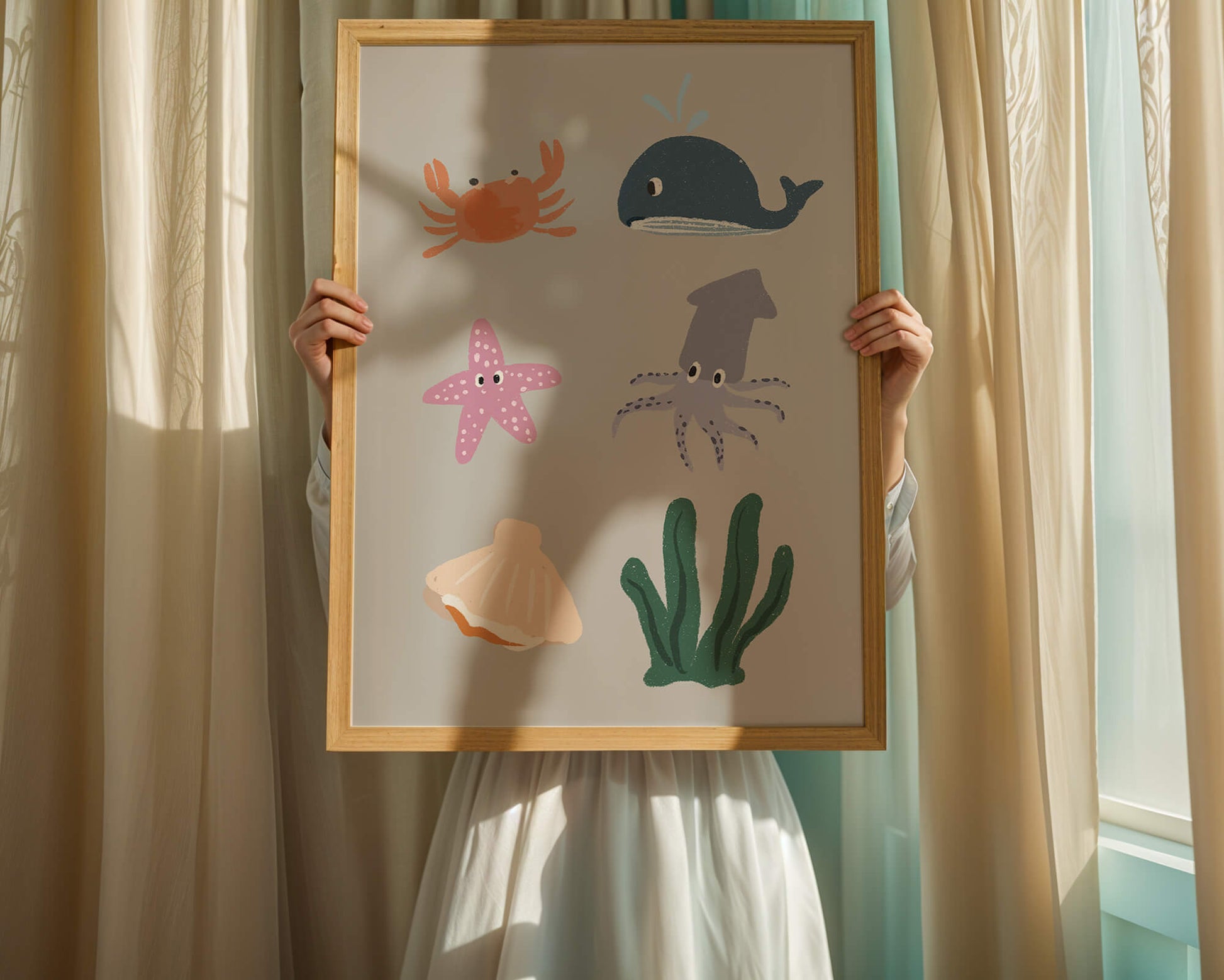 Illustration of whimsical sea creatures and marine elements on a grey background