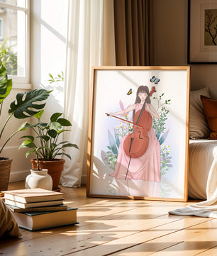 Girl Playing Cello Surrounded by Nature with Butterflies - Mi tienda