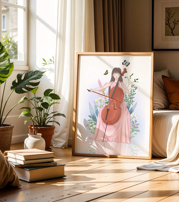 Girl Playing Cello Surrounded by Nature with Butterflies