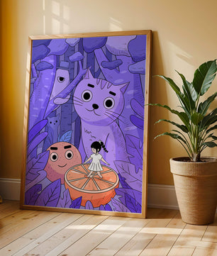 Whimsical forest scene with playful cartoon characters
