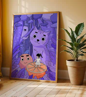 Whimsical forest scene with playful cartoon characters
