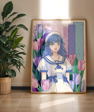 Illustration d'une fille en robe de marin parmi des tulipes avec une palette de couleurs pastel