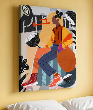 Colorful abstract fashion illustration with floral and geometric elements