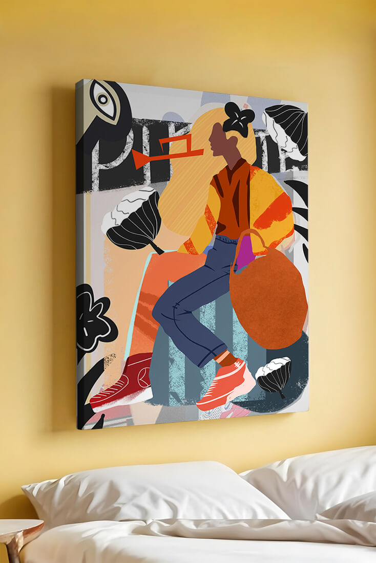 Colorful abstract fashion illustration with floral and geometric elements