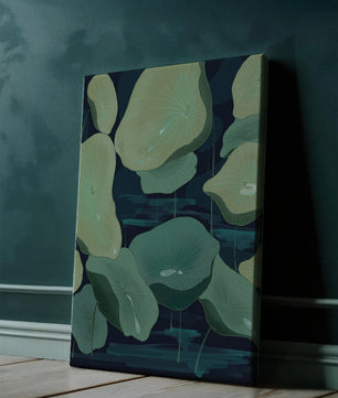 Green lily pads on a dark water background illustration