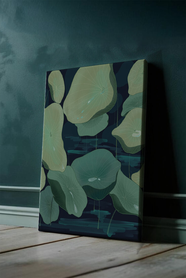Green lily pads on a dark water background illustration