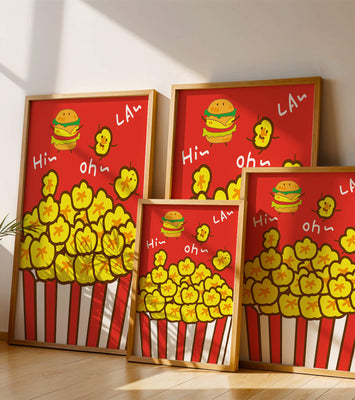 Playful illustration of popcorn and burger characters on a red background